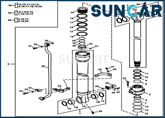 قطعات Deere 180GLC 190GW FYA00012907 کیت مهر و موم سطل کیت تعمیر سیلندر هیدرولیک